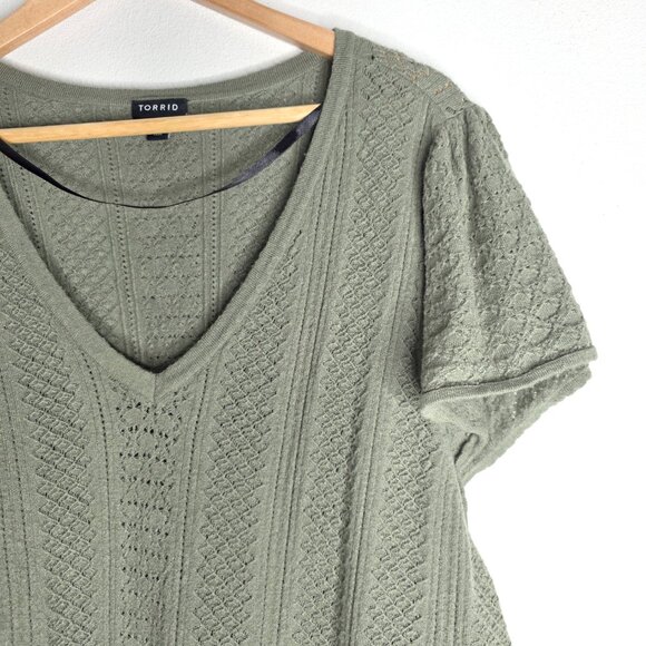Torrid Olive Green Crochet Knit Short Sleeve Sweater Top Flutter Sleeves - Picture 4 of 10